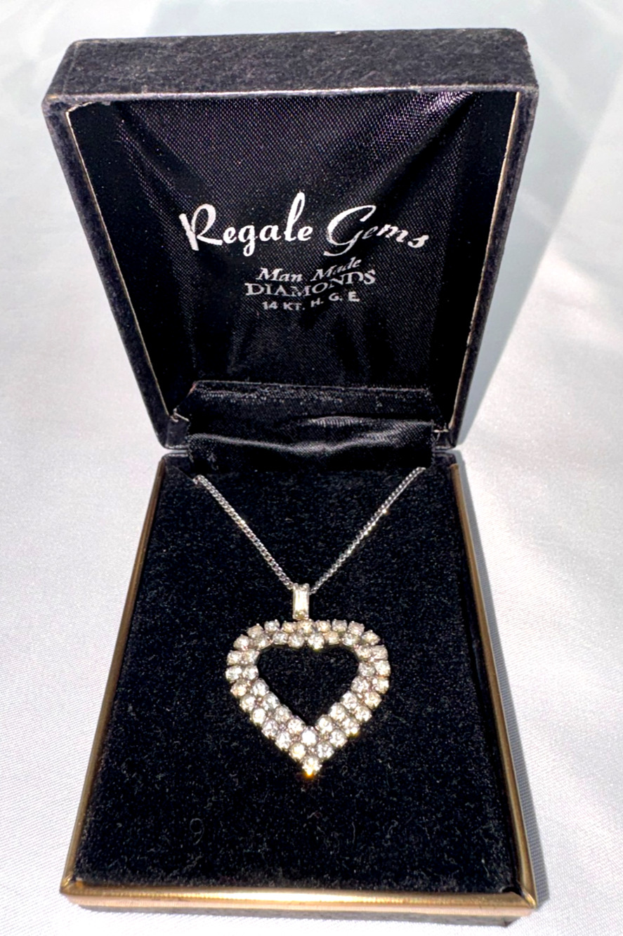 Vintage Regale Gems Man Made Diamonds Heart Pendant 14KT HGE Necklace 18" Box